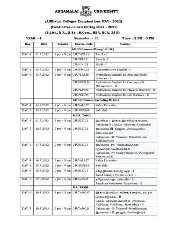 Annamalai University Time Table 2022 (Out) UG/PG Sem Final Year Exam